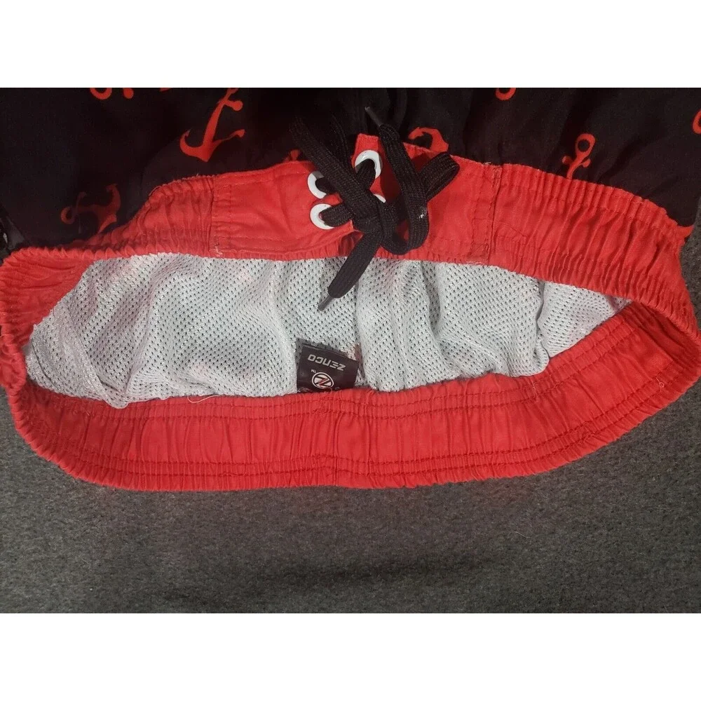 ZENCO Red Anchors Print On Black Men's Swim Board Shorts Trunks Medium